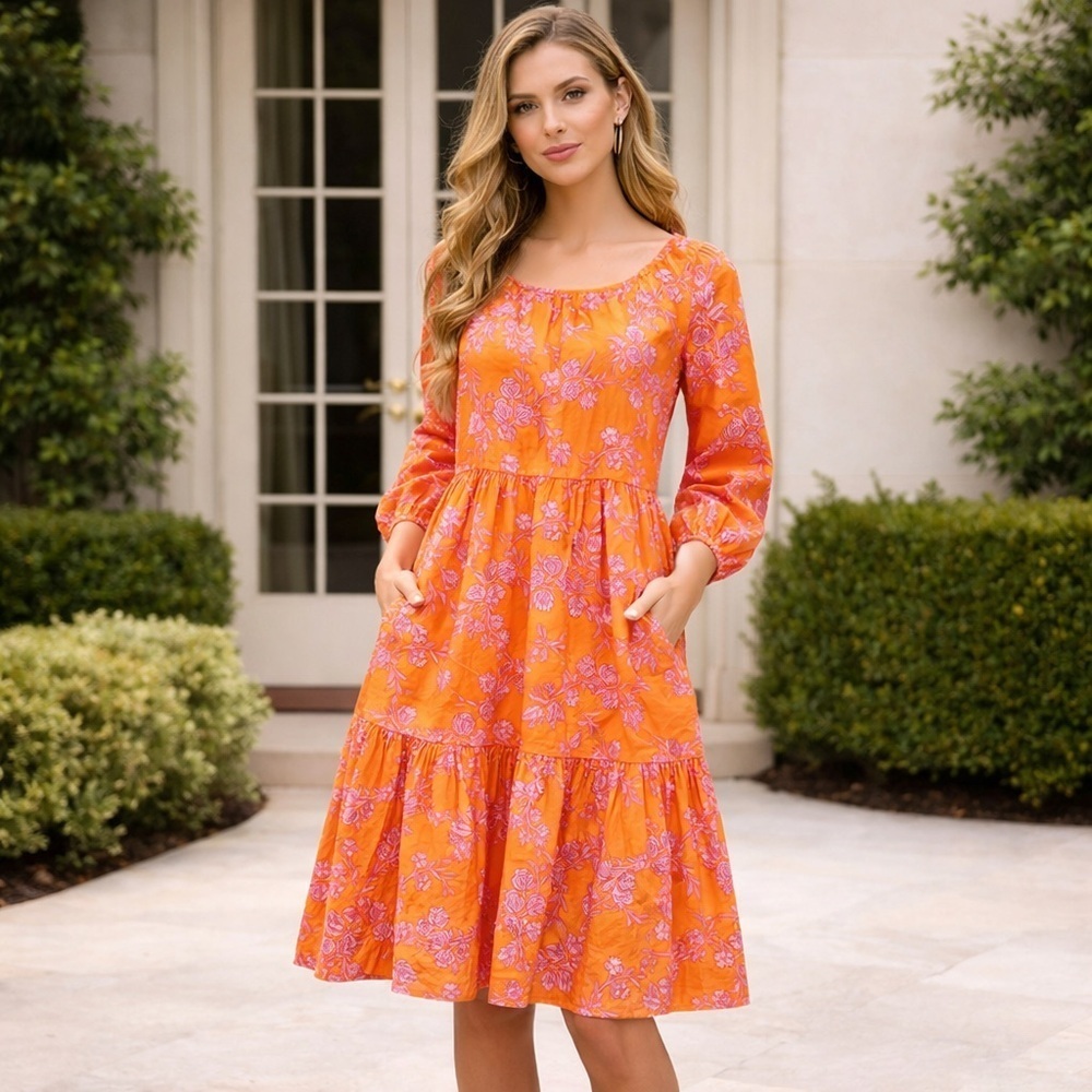 J. Crew Tiered Floral Orange and Pink Dress Size 10 with Pockets